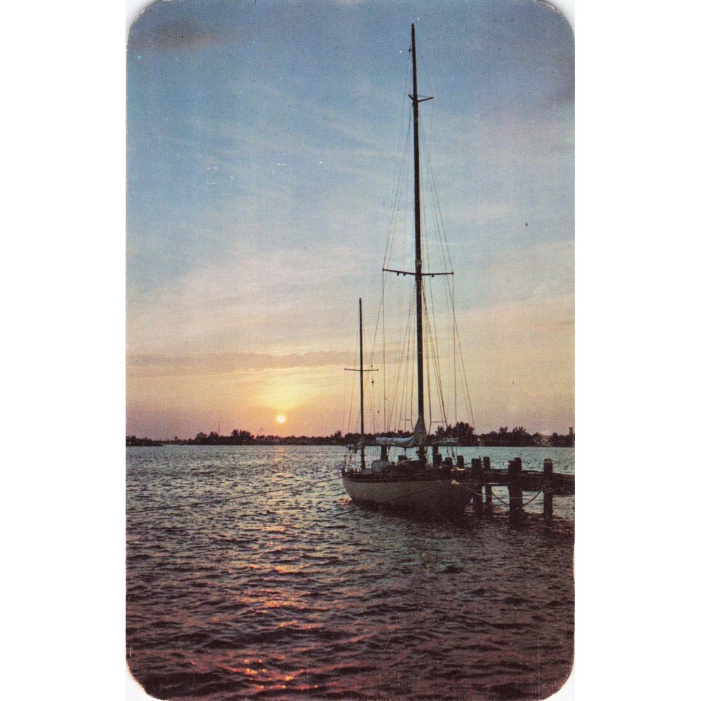 Vintage Dextone Postcard Sailboat Sunset Kodachrome Hannau Dexter Press S42745